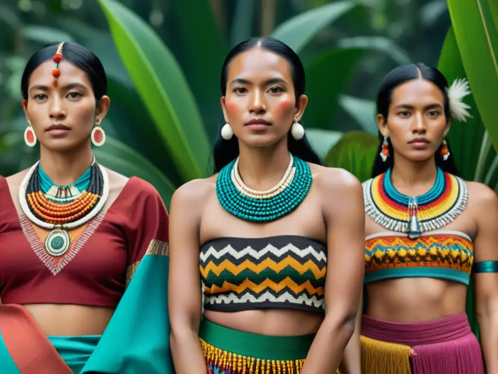 Arte en moda indígena: mujeres amazónicas tejiendo con patrones tribales en la selva, expresión artística vibrante