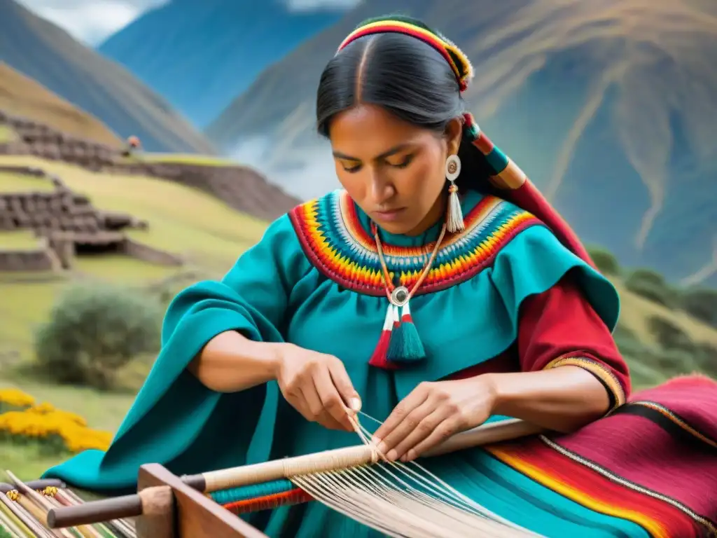 Arte textil indígena contemporáneo: Mujer Quechua tejiendo en telar de cintura, fusionando tradición y naturaleza andina