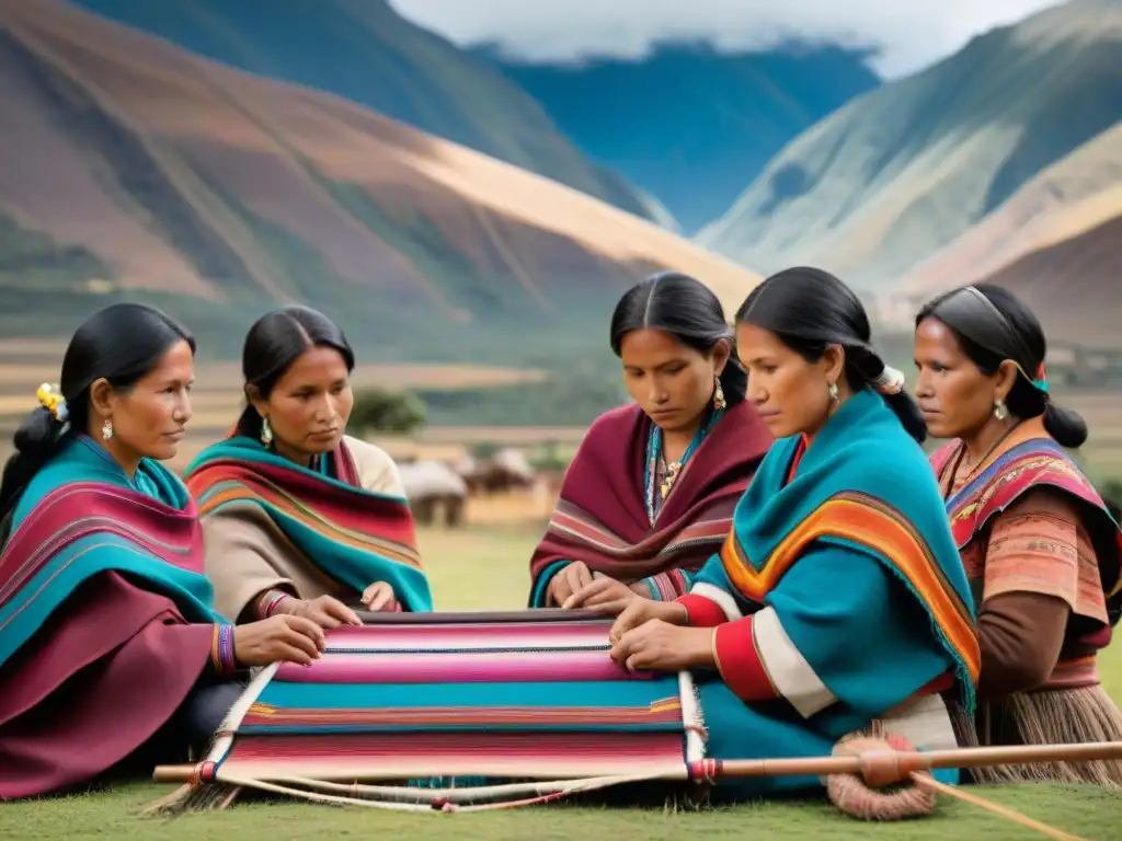 Arte textil indígena contemporáneo: Mujeres andinas tejiendo con destreza en telares tradicionales, rodeadas de colores vibrantes y montañas imponentes