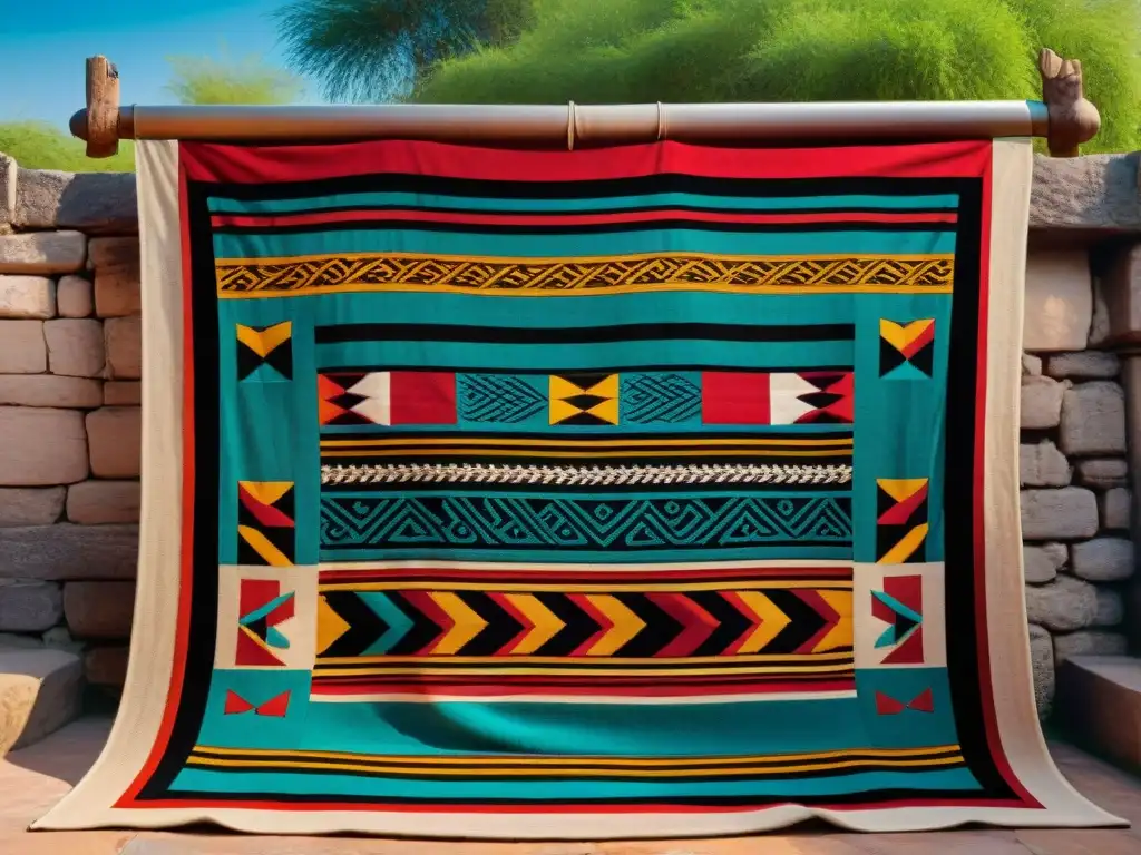 Arte textil de rituales precolombinos: Tapiz vibrante con patrones y símbolos geométricos, tejido con hilos de colores naturales en ruinas antiguas