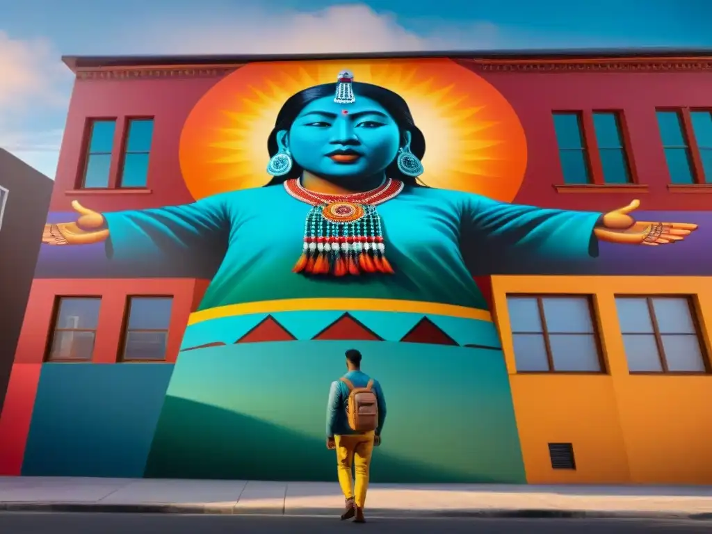 Arte urbano indígena contemporáneo Américas: mural vibrante fusionando tradición y modernidad en la ciudad