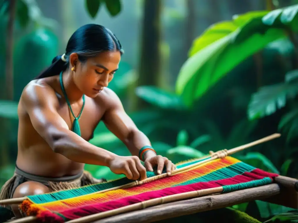 Artesana amazónica tejiendo vestimenta tradicional con fibras coloridas en la exuberante selva