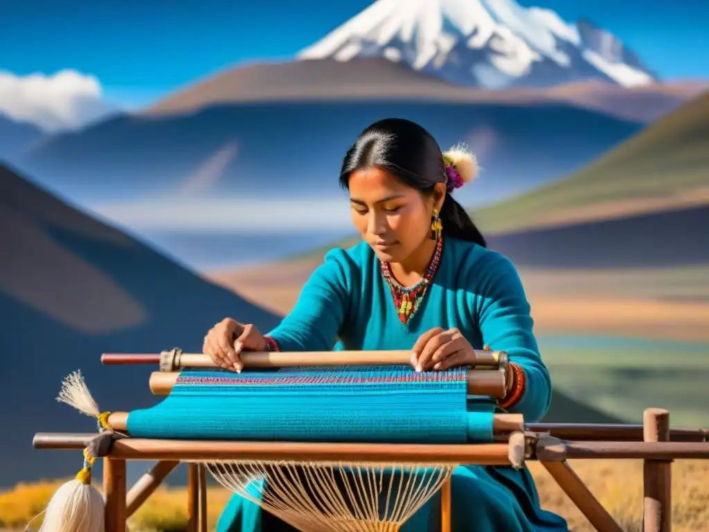 Una artesana Aymara tejiendo textiles tradicionales rodeada de colores, con los Andes de fondo