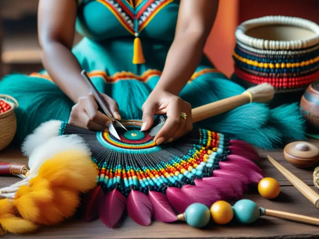 Artesana indígena teje accesorios tradicionales entre cuentas y plumas vibrantes en su taller rústico