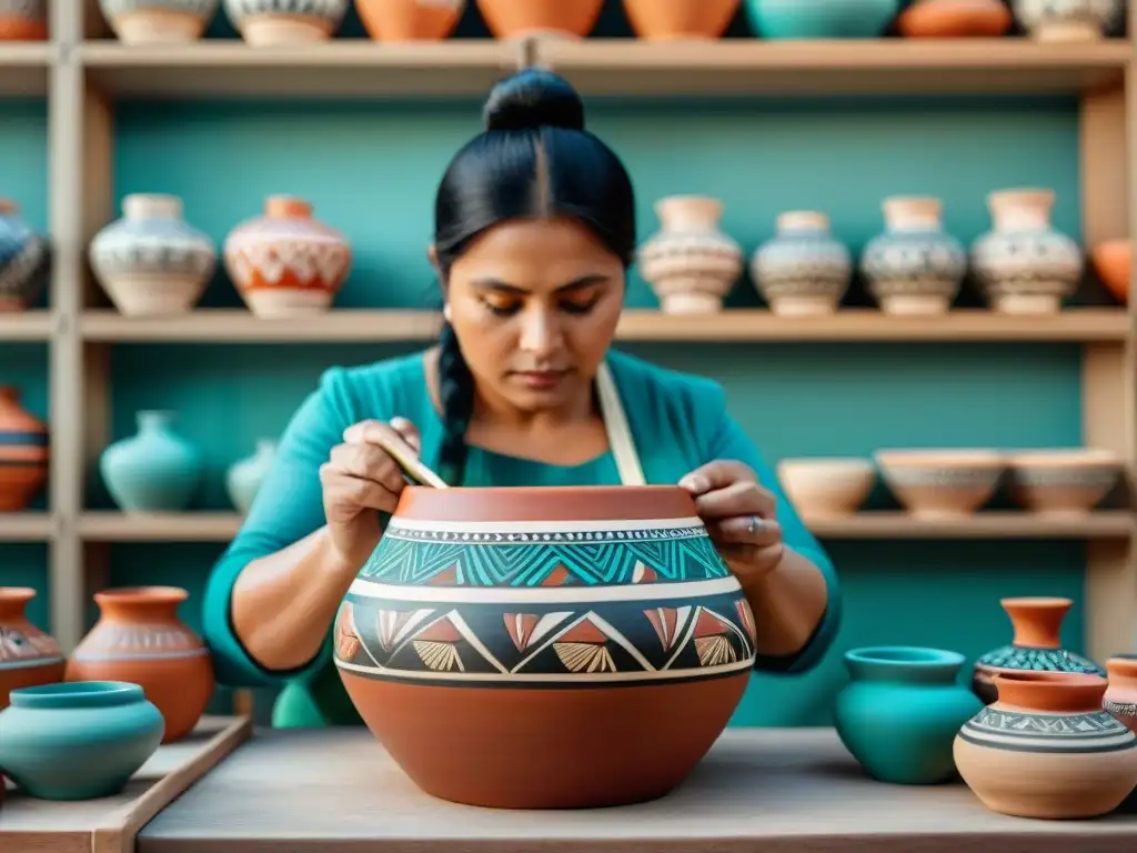 Artesana indígena pintando cerámica tradicional rodeada de piezas coloridas en tienda de cerámica