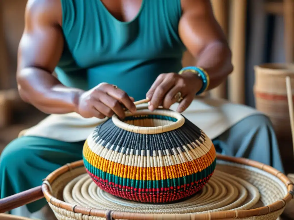 Artesanía indígena: tejido tradicional de cestas Hábil artesana indígena tejiendo cestas coloridas con técnicas tradicionales