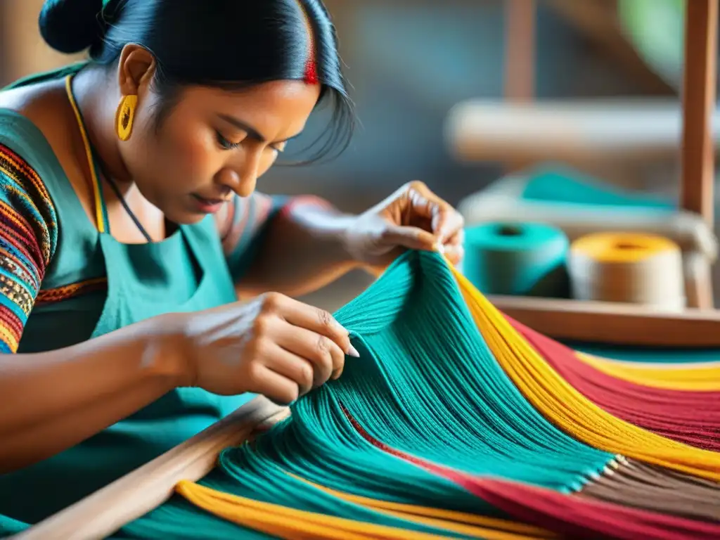 Artesana indígena tejiendo una colorida artesanía tradicional en su taller rústico, reflejando la rica herencia cultural