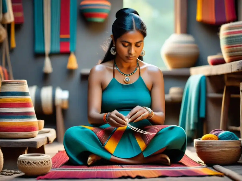 Una artesana indígena tejiendo con dedicación en su taller, rodeada de textiles y artesanías vibrantes