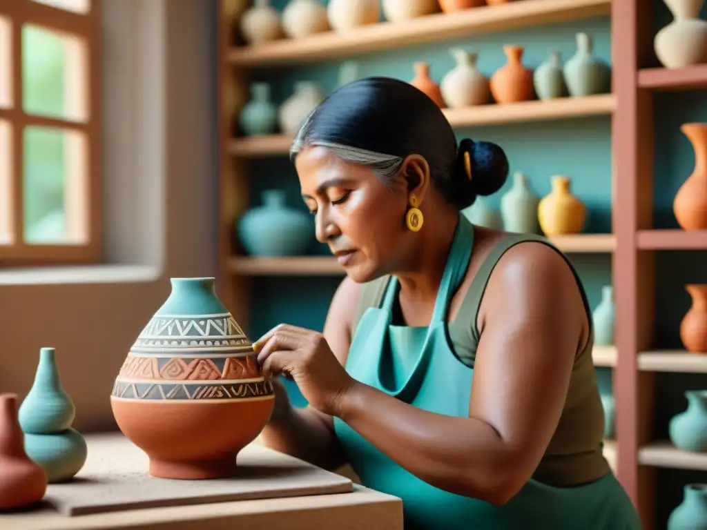 Artesana indígena moldea deidad femenina en cerámica Artesana indígena moldea con destreza una figura femenina deidad en cerámica, simbolismo cerámica figuras femeninas indígenas
