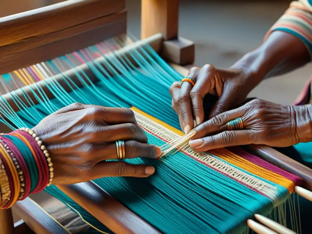 Artesana indígena tejiendo con destreza hilos coloridos en telar de madera rústico, preservando moda indígena y espiritualidad