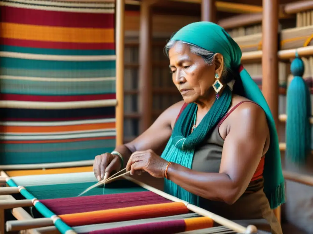 Artesana indígena tejiendo con destreza en telar, rodeada de colores vibrantes y textiles terminados