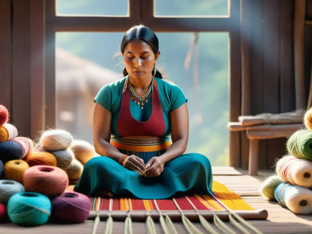 Una artesana indígena tejiendo con destreza en un telar de madera, rodeada de coloridos hilos