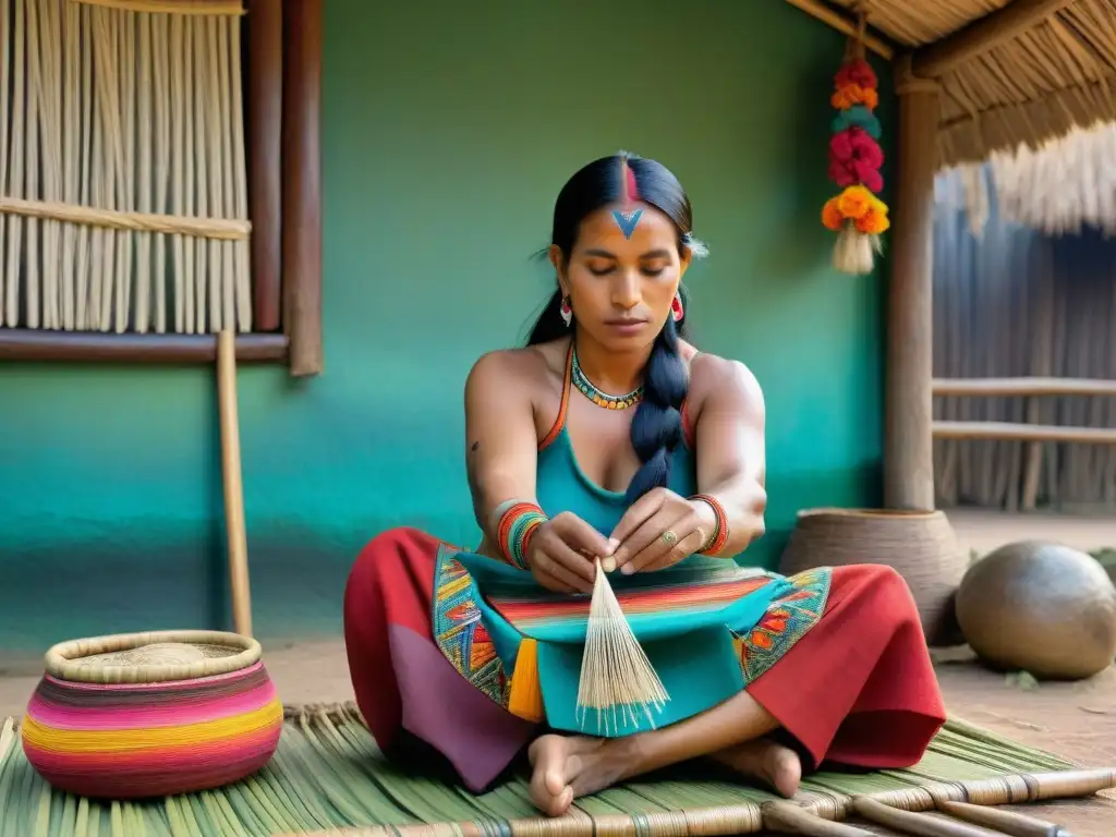 Artesana indígena tejedora en acción: tradición y destreza ancestral Una artesana indígena de Sudamérica tejiendo con destreza en un telar de cintura, rodeada de naturaleza exuberante