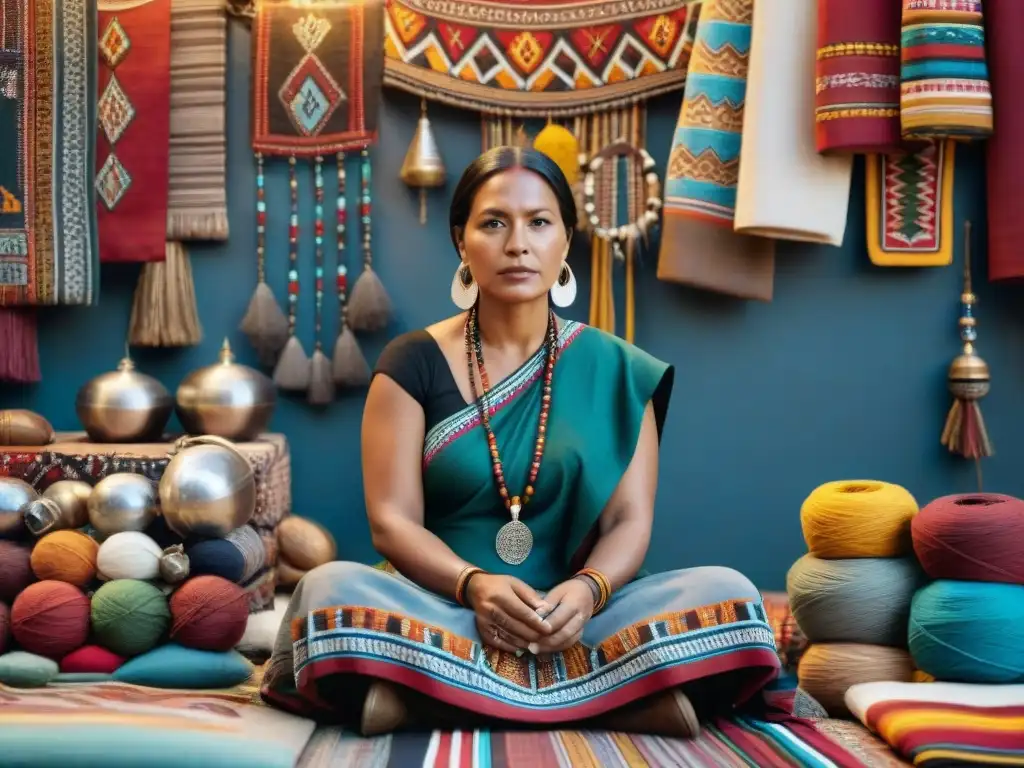 Una artesana indígena confeccionando moda tradicional rodeada de coloridos textiles y joyería