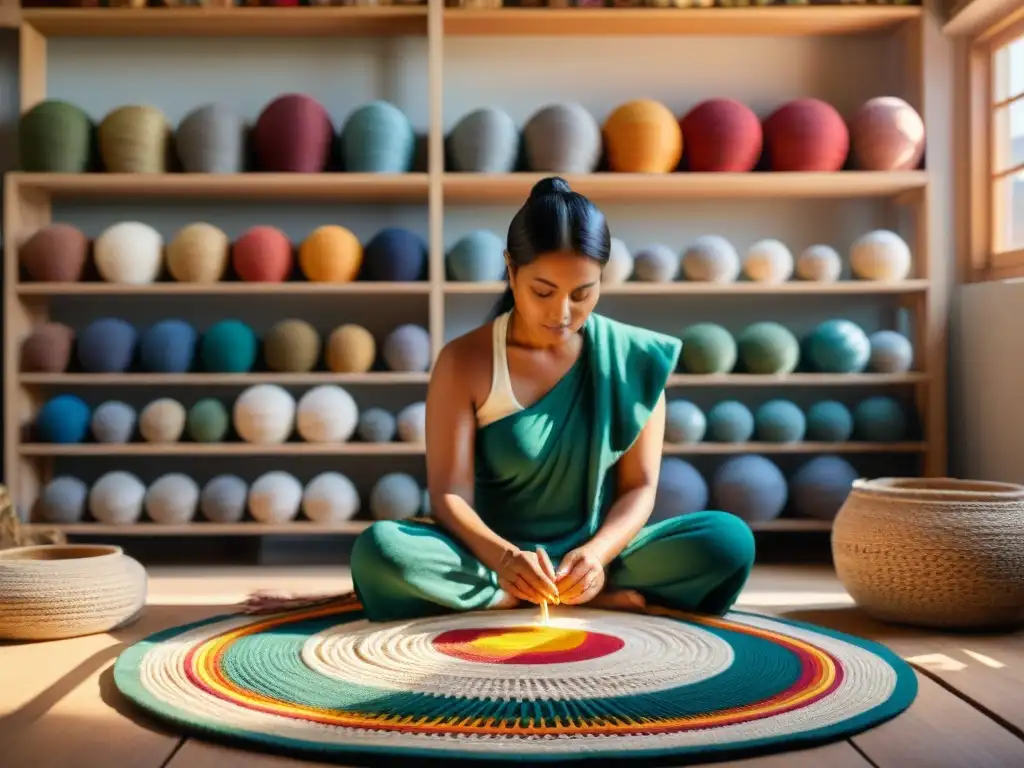 Una artesana indígena bordando patrones coloridos en un taller iluminado por el sol