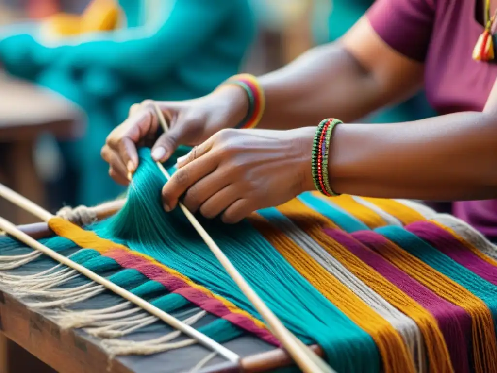 Artesana indígena tejiendo patrones en textil tradicional, mercado artesanal