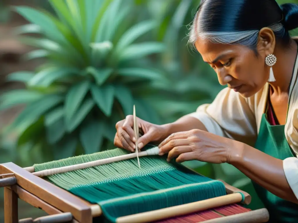 Artesana indígena tejiendo patrones en textil con técnicas tradicionales, rodeada de tintes naturales