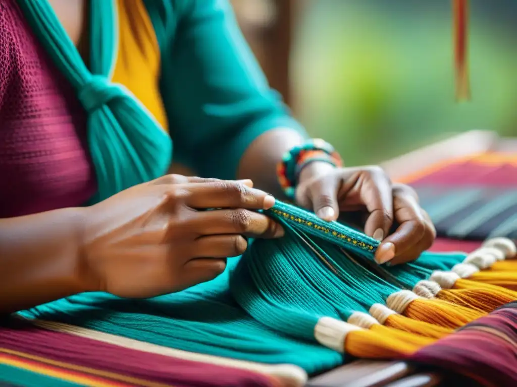 Artesana indígena tejiendo patrones tradicionales en textil colorido, muestra la revitalización de lenguas indígenas en turismo