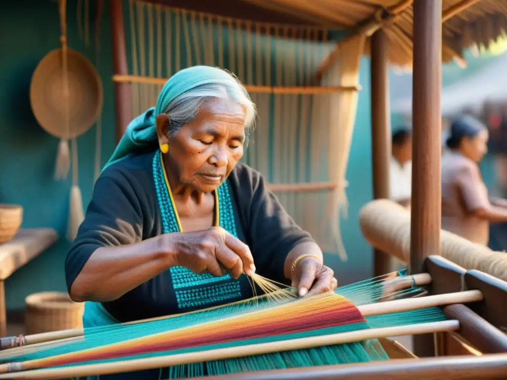 Una artesana indígena tejiendo en telar, rodeada de coloridos productos artesanales en feria de comercio justo