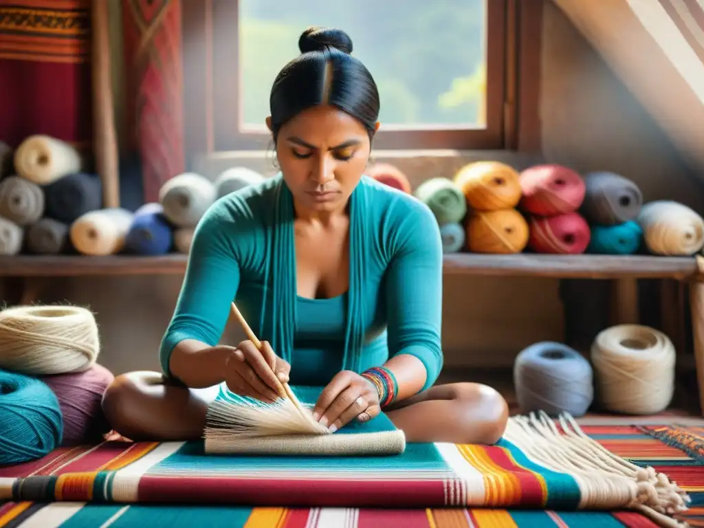 Una hábil artesana indígena tejiendo en un telar tradicional, rodeada de textiles y lanas coloridas