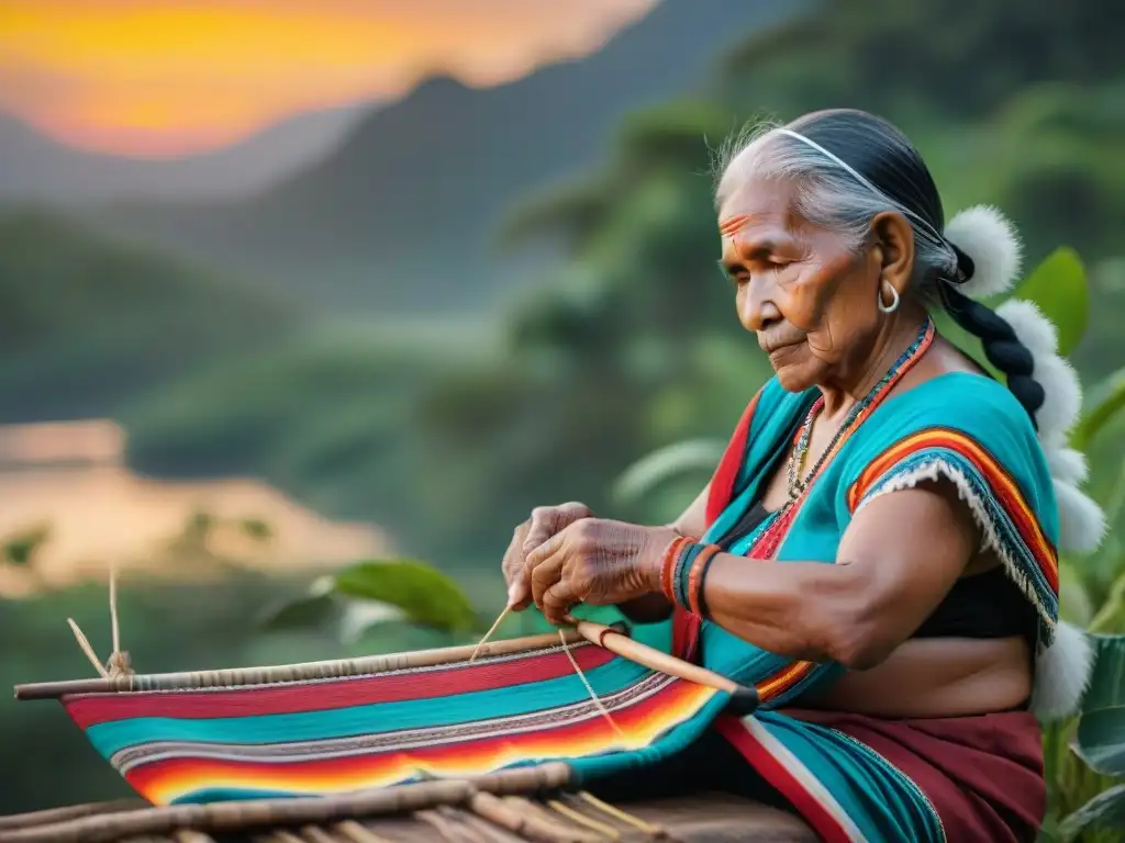 Artesana indígena tejiendo textil colorido frente a vegetación exuberante y atardecer vibrante, reflejando preservación de las lenguas indígenas