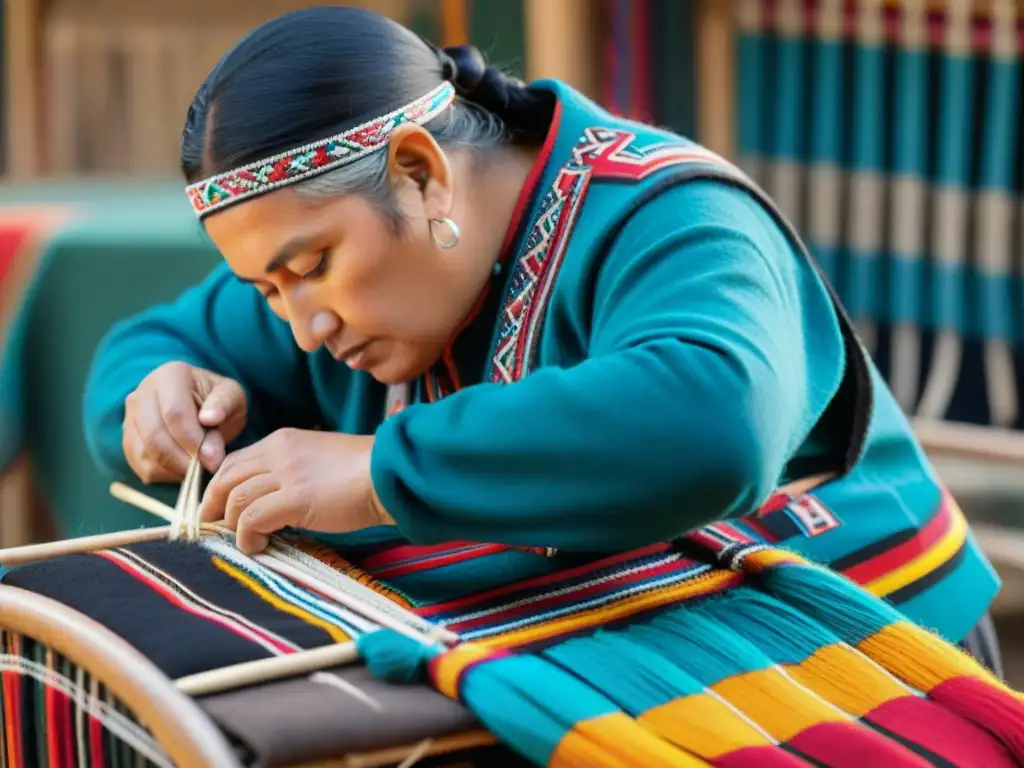 Artesana Mapuche tejiendo patrones tradicionales con telar de cintura, fusionando lenguaje de textiles Mapuches con modernidad