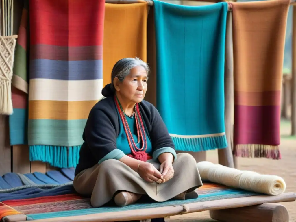 Una artesana Mapuche teje con determinación un patrón tradicional en su telar de madera, rodeada de lanas vibrantes