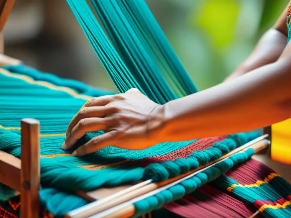 Artesana maya teje un textil tradicional en telar de cintura, destacando colores y patrones vibrantes