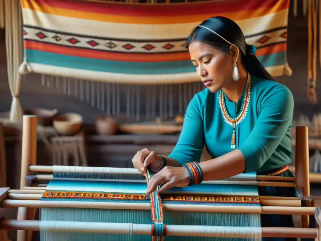 Una artesana navaja teje un cinturón tradicional con significado cultural navajo, rodeada de historia y tradición