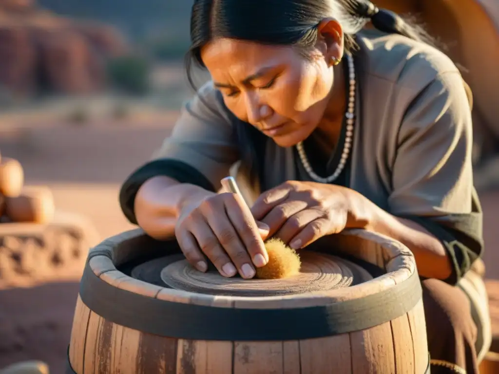 Artesana navaja elaborando Saké en barril de madera, con técnicas de fermentación indígena en América del Norte