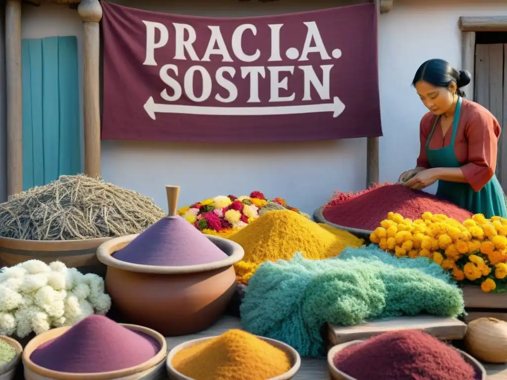 Artesana textil sostenible tiñendo tela en taller al aire libre con 'Prácticas sostenibles de coloración textil' en letrero de madera