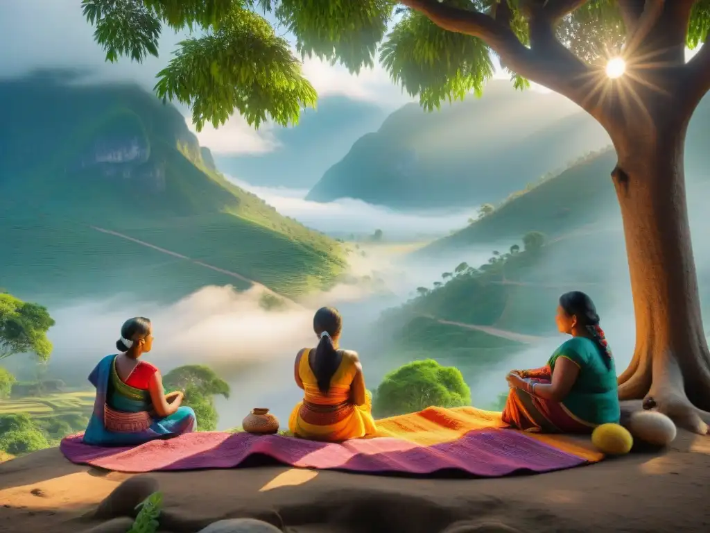 Artesanas indígenas tejiendo bajo un árbol, rodeadas de coloridos hilos