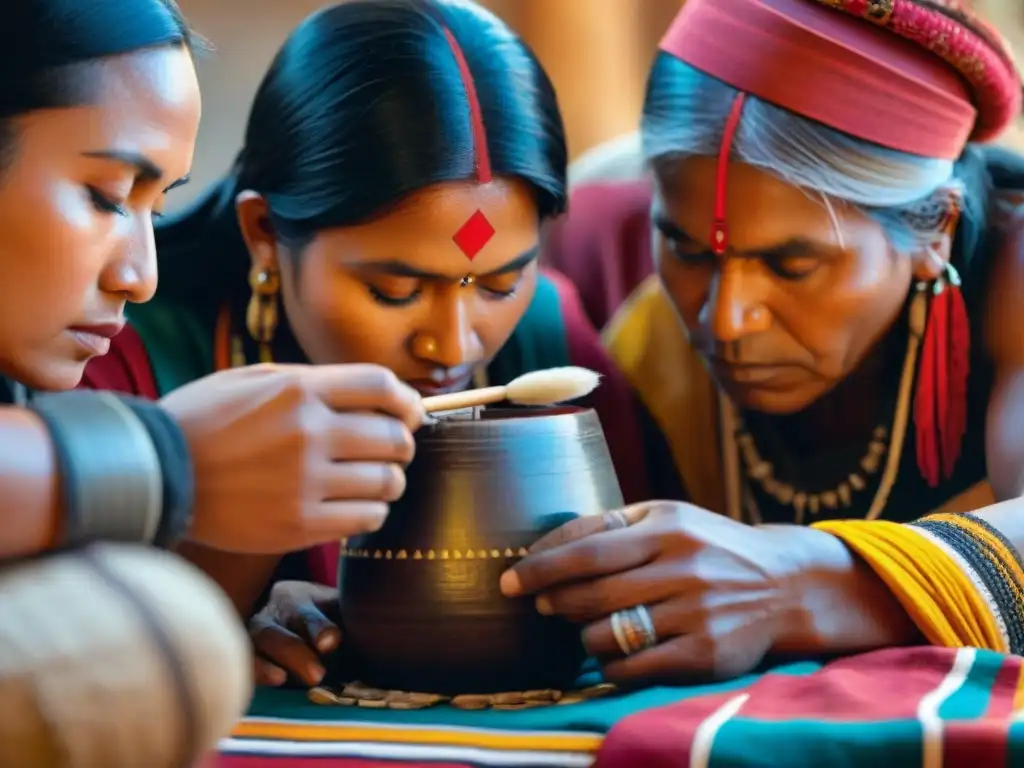 Artesanas indígenas creando con detalle sus obras rodeadas de textiles vibrantes y herramientas tradicionales