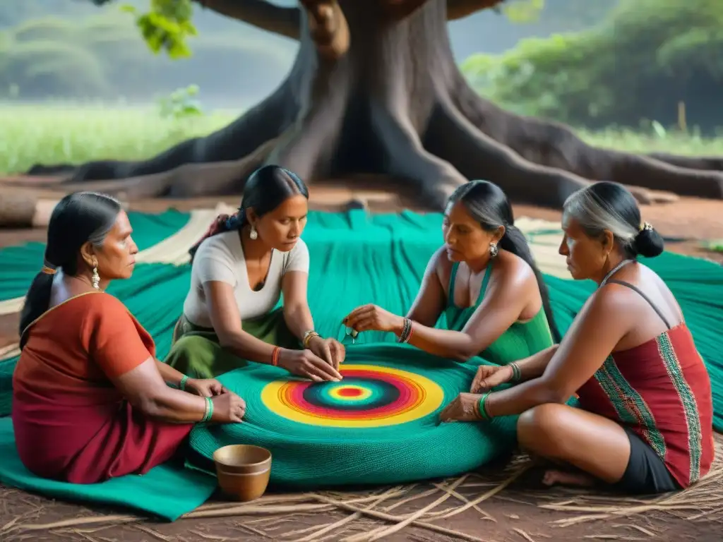 Artesanas indígenas tejiendo patrones coloridos bajo un árbol, destacando la preservación de técnicas de tejido indígenas