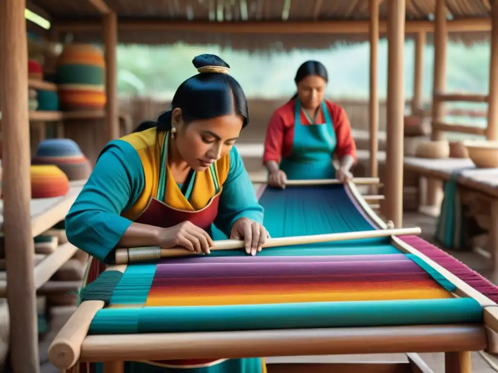Artesanos indígenas tejiendo textiles tradicionales con maestría Artesanas indígenas tejiendo en talleres de moda recuperando técnicas textiles indígenas