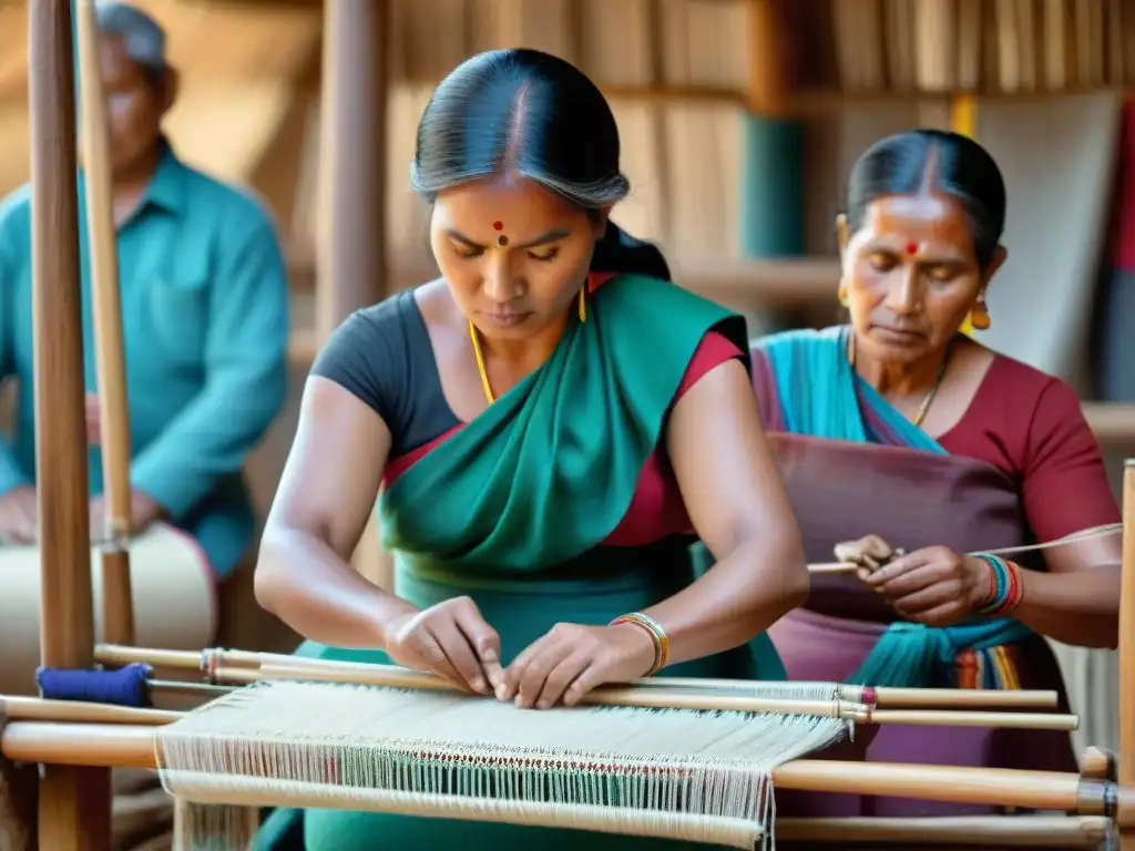 Artesanas indígenas tejiendo textiles coloridos en un mercado, mostrando el comercio justo textil indígena en América