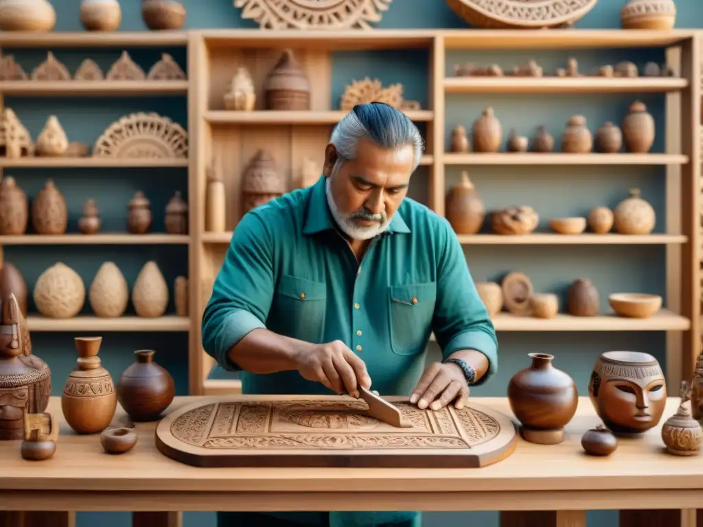 Artesanía indígena tallado madera: Artista tallando diseños en madera con herramientas y esculturas de fondo