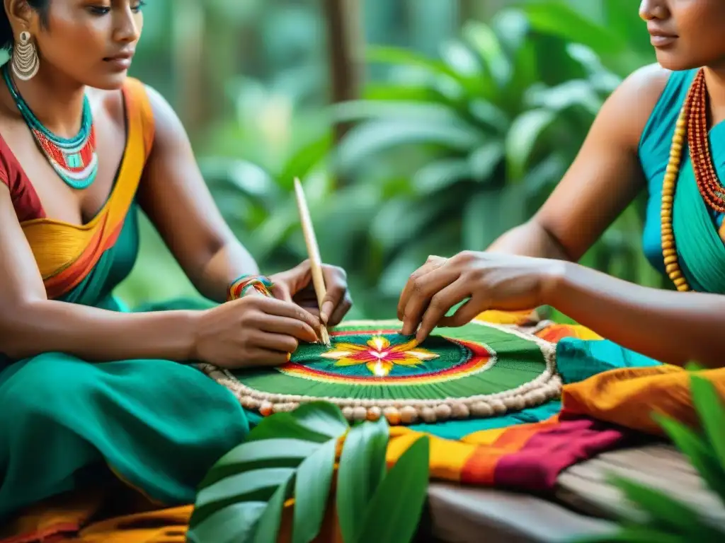 Artesanía tradicional en comunidad indígena, rodeada de naturaleza exuberante y textiles coloridos