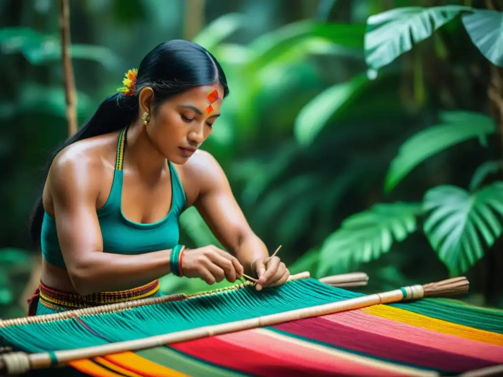 Artesanías amazónicas: artesano indígena tejiendo una colorida tela en la selva, fusionando tradición y arte