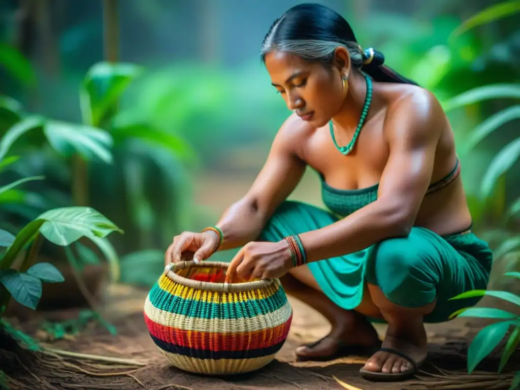 Artesanías amazónicas: Indígena tejiendo cesta en la selva, resaltando la simbiosis entre naturaleza y habilidad artesanal