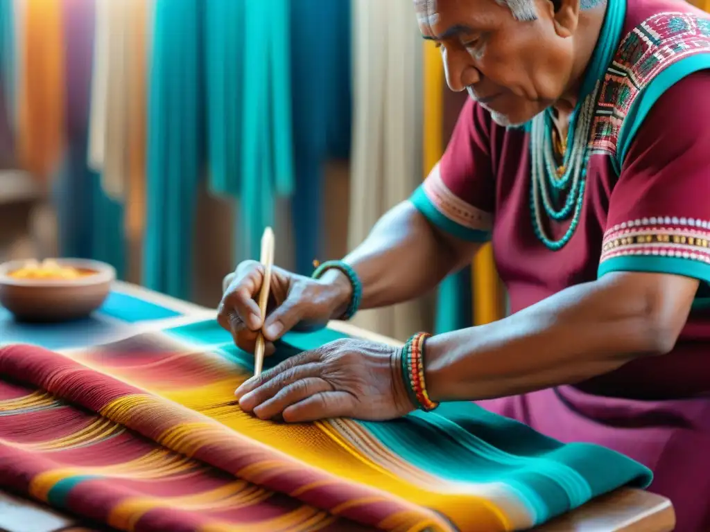 Artesanías indígenas con transformación digital: anciano tejiendo patrones vibrantes en textiles coloridos en mercado digital