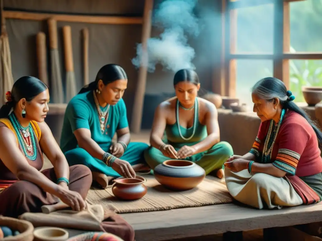 Artesanías indígenas como herramienta educativa: Grupo de artesanos indígenas concentrados en sus coloridas creaciones en un taller tradicional