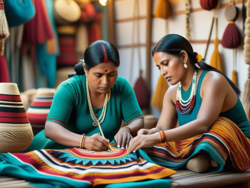 Artesanías indígenas como herramienta educativa: Artesanos crean textiles tradicionales en un mercado bullicioso