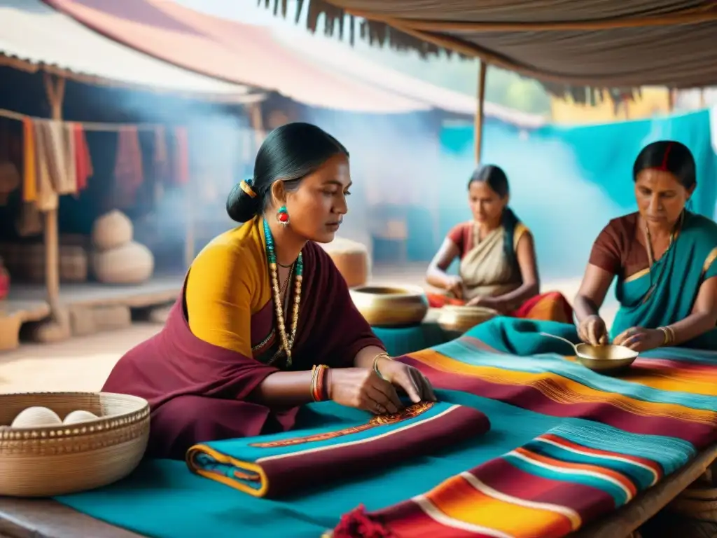 Artesanías indígenas mercado online: Artesanos crean textiles tradicionales coloridos en bullicioso mercado