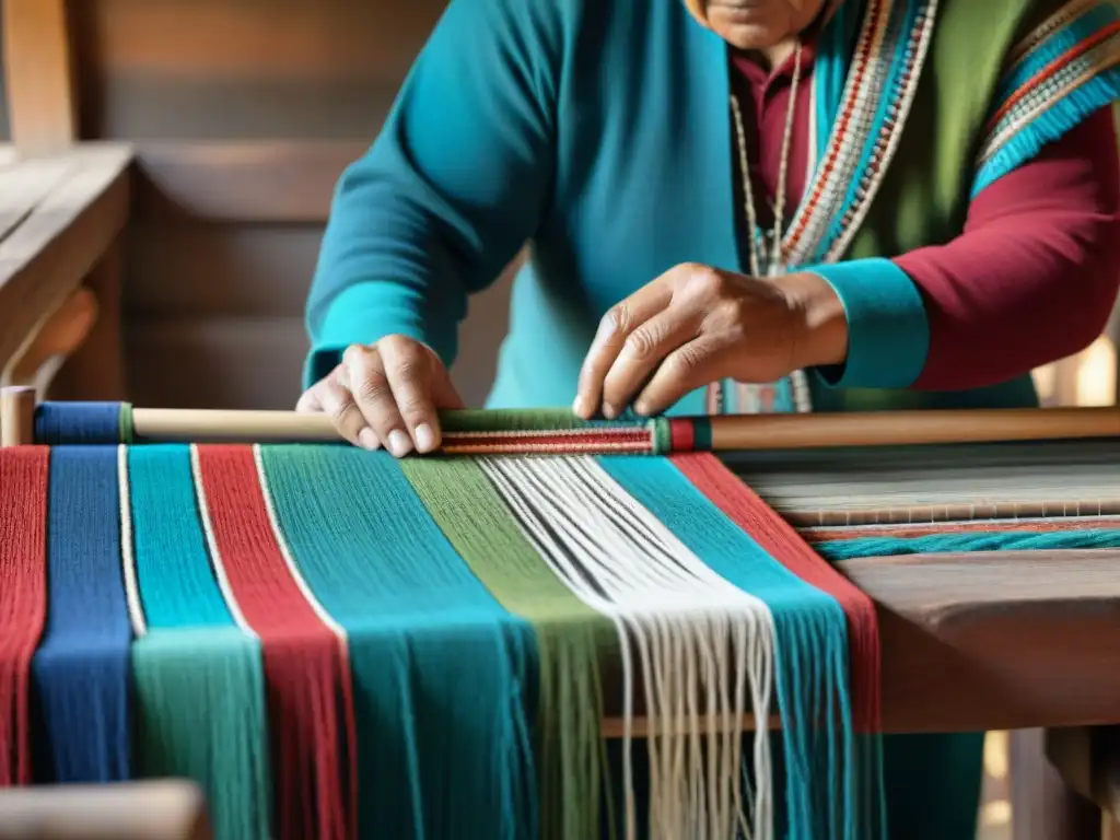 Artesanías indígenas mercado online: Detalle de artesano Mapuche tejiendo textil tradicional en colores vibrantes