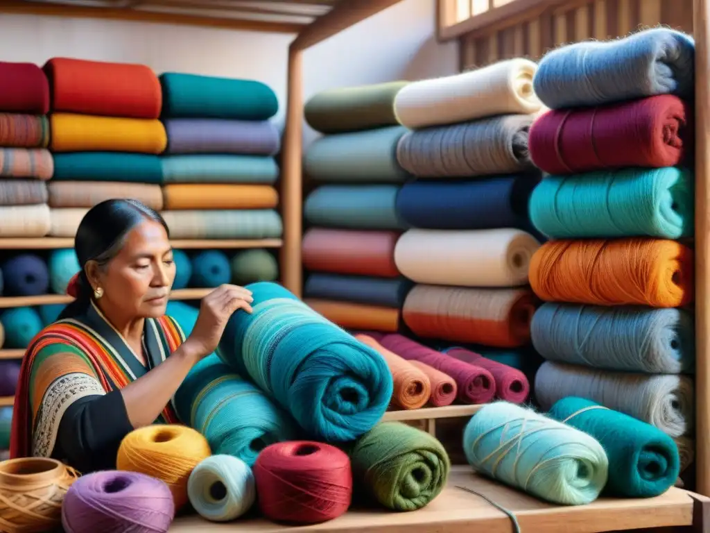 Artesanías indígenas en venta online: Artífices tejiendo textiles coloridos en taller tradicional