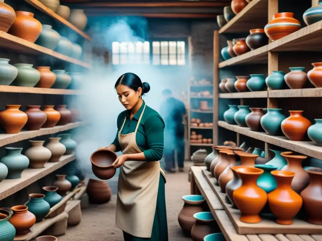 Artesanías indígenas en vibrante mercado, artesanos crean cerámica tradicional con detalle y color