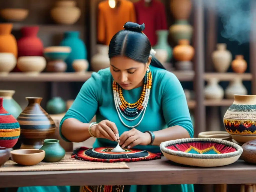 Artesanías indígenas en vibrante mercado, reflejando cultura y empoderamiento económico