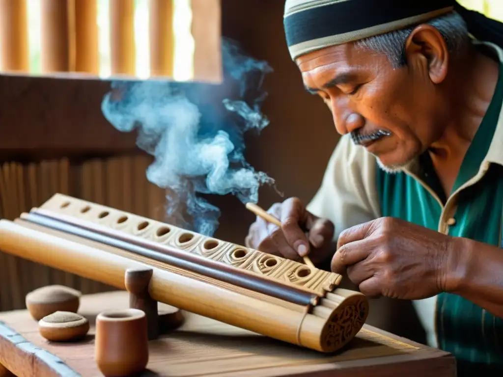 Un artesano andino talla con destreza una Flauta de Pan andina significado, resaltando la artesanía y cultura