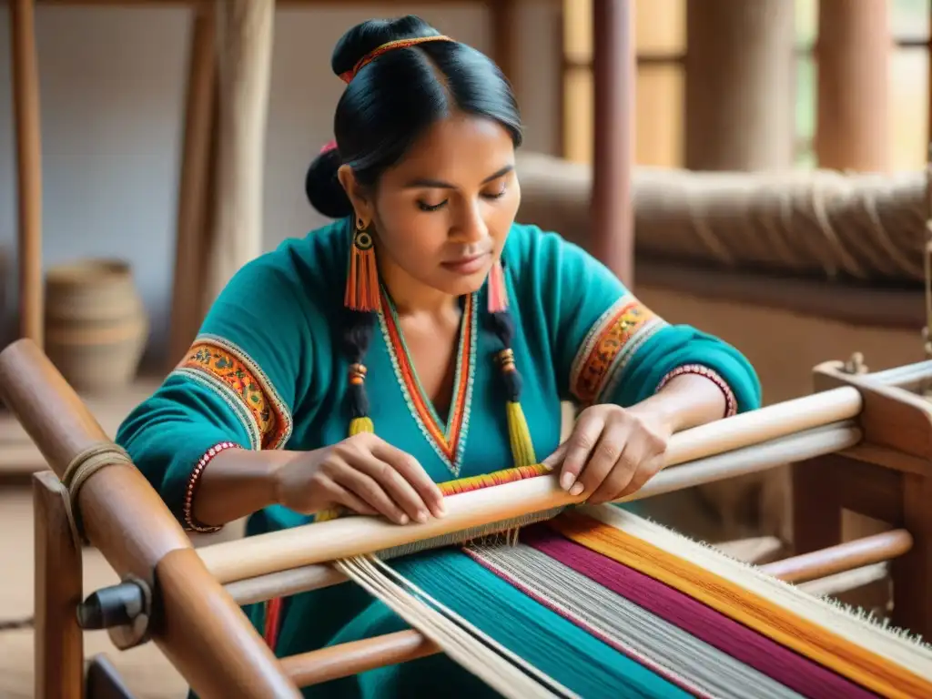 Hábil artesano andino tejiendo textil tradicional en telar de madera, destaca preservación cultural y técnicas ancestrales